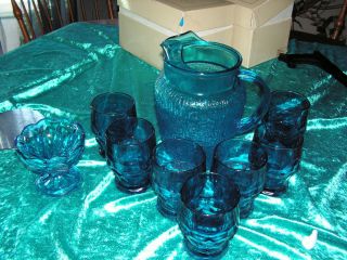 Glass Pitcher 7 Glasses And Candy Bowl Blue Luminous photo