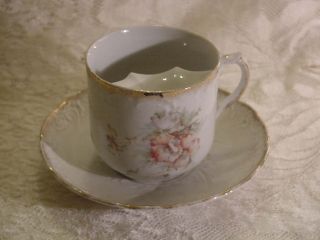 Antique Victorian Mustache Cup & Saucer Flower Motief On White Embossed & Gold photo