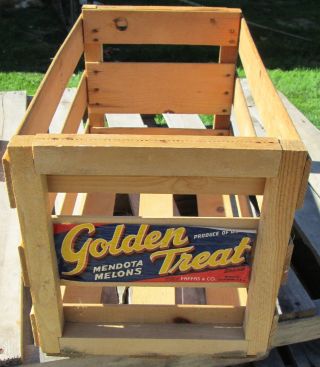 Antique Golden Treat Mendota Melons Wooden Fruit Crate,  Multi Use Item photo