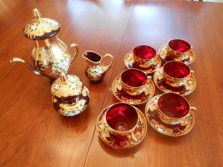 Italian Venetian Gold Gild Ruby Red Tea Set Murano photo