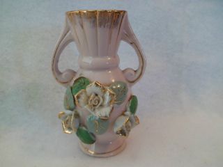 Antique Porcelain 3d Flowers Vase. .  Gorgeous Pink Trimmed In Gold photo