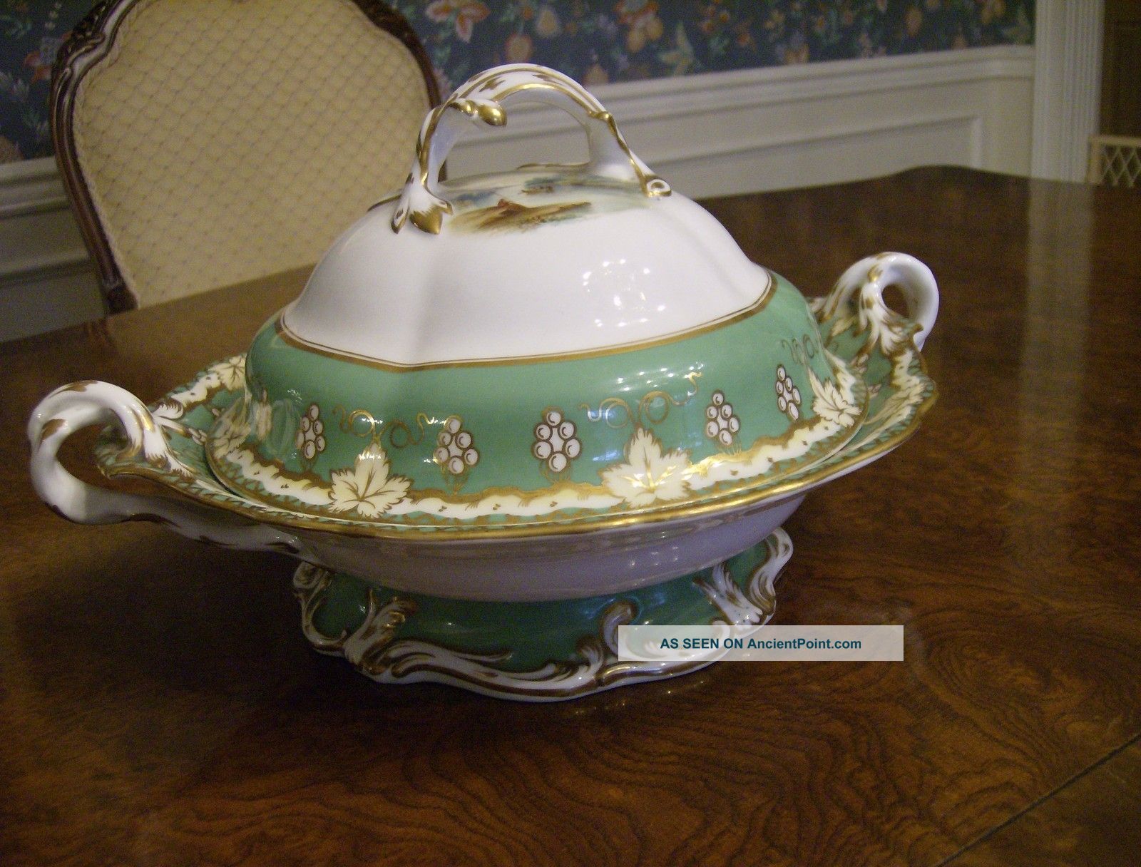 Early Pedestal Bowl With Handles And Lid - Hand Painted Landscapes - Fabulous Bowls photo