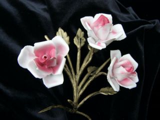 Vtg Antique Italian Tole Decoration Gilt W Pink Porcelain Roses Chic Shabby photo