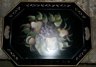 Vtg Tole Toleware Tray Country Cottage Fruit Black 18 