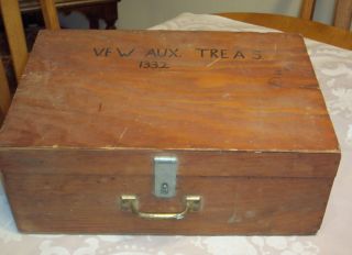 Antique Hand Made Wood Wooden Box Marked Vfw Aux Treasure Cash Chest 16x11x6 photo