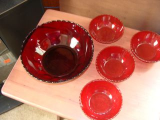 Vintage Glass Ruby Red Fruit Bowl With 4 Smaller Bowls photo