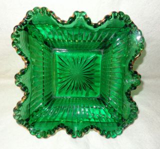 Victorian Floral Decorated Enamel Emerald Green Glass Footed Bowl W Ruffled Edge photo