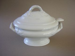 Antique English White Ironstone Gravy/sauce Tureen With Ladle - Holly Pattern photo