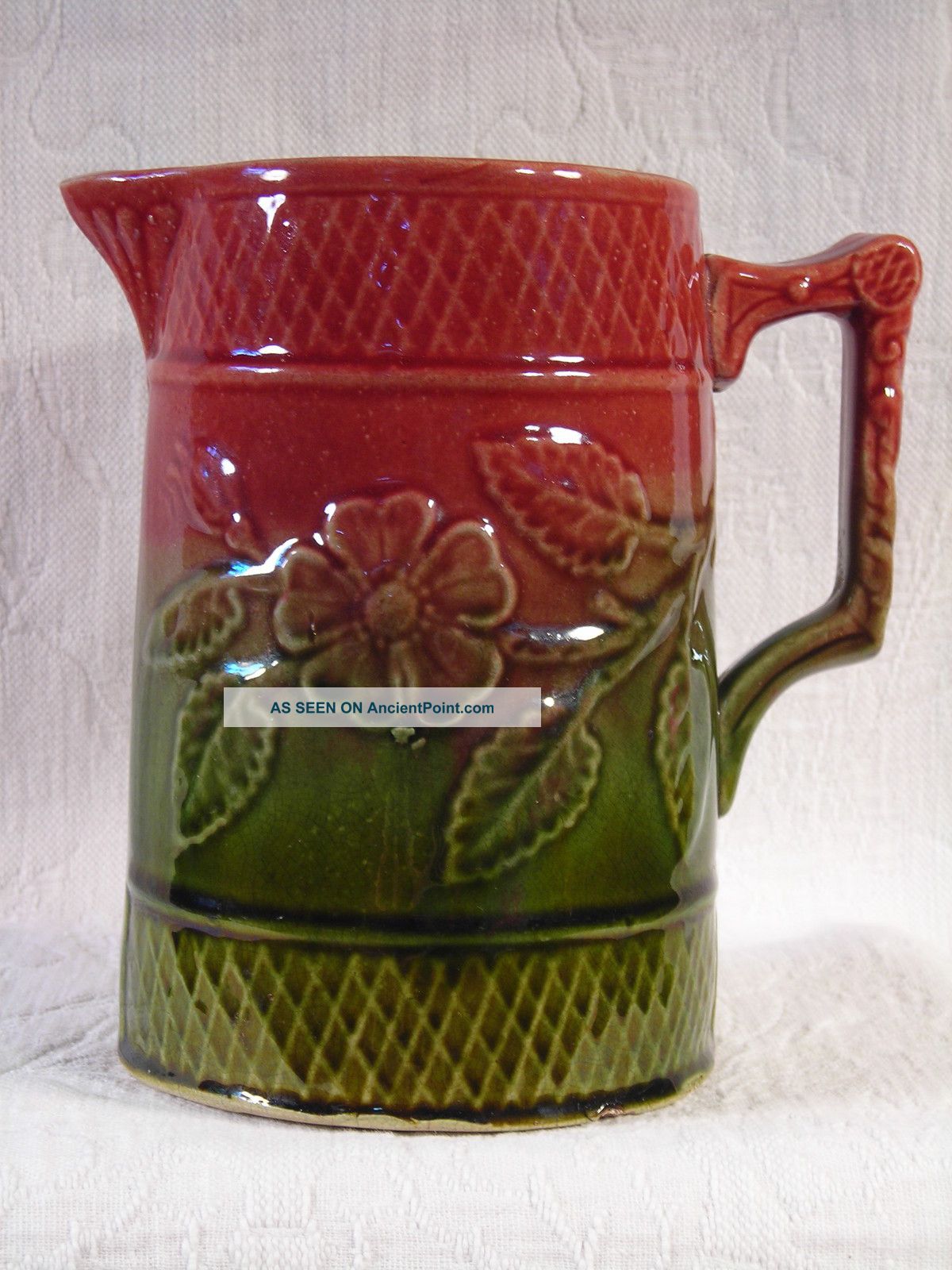 Antique English Mid 19th Century 2 - Toned Pottery Pitcher W/ Majolica Glaze Pitchers photo