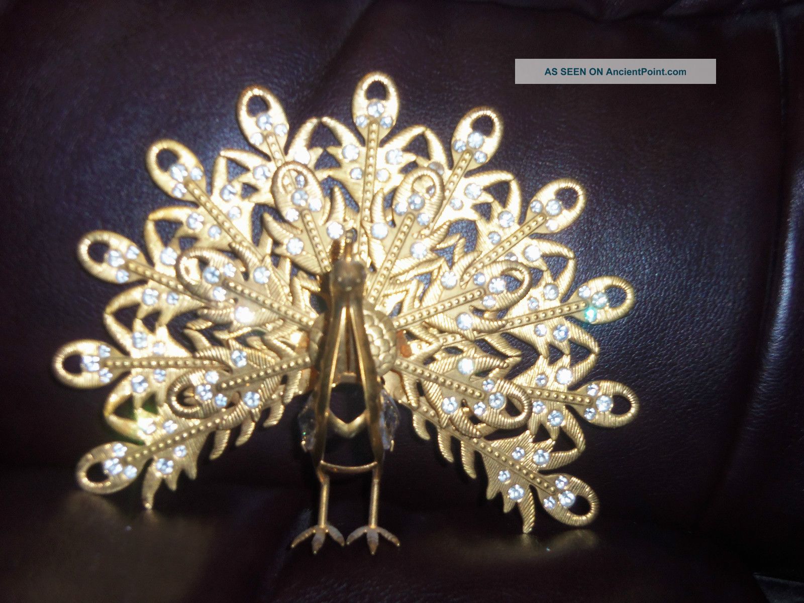 Antique Ornate Brass & Crystal&rhinestone Oranment Figure Of Peacock Metalware photo
