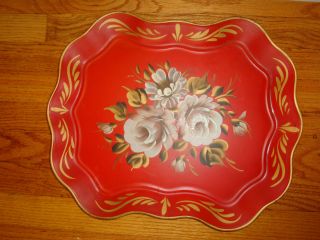 Antique Hand Painted Pink Roses Red And Gold Tole Tray photo