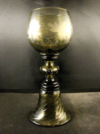 19th C Blown Green Roemer Glass With Bell Shaped Foot,  Prunts And Engraved Bowl photo