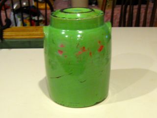 Vintage Ceramic 10.  5 Inch Green Crock W/ Lid W/ Some Painting Excellent photo
