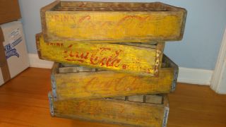 4 Yellow Shabby Yard Art Coke Coca Cola Wood Wooden Soda Pop Crate Crates Case photo
