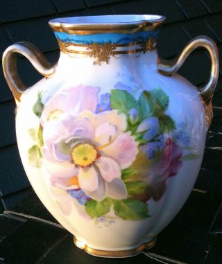 Antique Nippon Vase Green Mark Victorian Pale Pastel Roses Floral Design W/ Gold photo