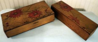 2 Vintage Antique Flemish Pyrography Hand Carved Pointsettia Design Wooden Boxes photo