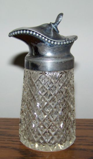 Antique Syrup Pitcher Jug Hinged Lid Diamond Pattern Glass 4.  5 
