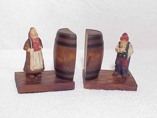 Rare Vintage Carved Wood Figural Bookends W/ Barrel Anri Figures Stunning Set photo