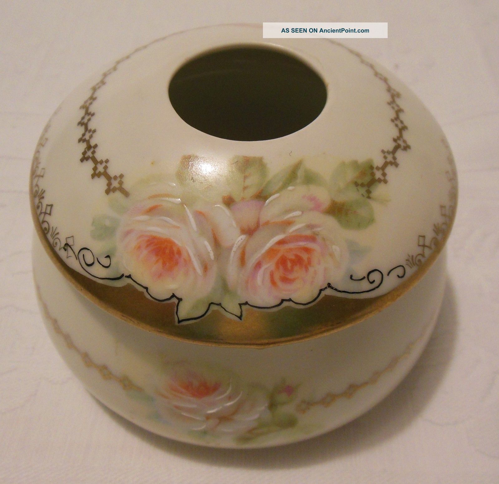 Antique Bavarian Hair Receiver Hand Painted With White Roses With Pink Centers Other photo