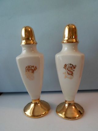 Antique Belleek Salt And Pepper Set.  Gold Design Look photo