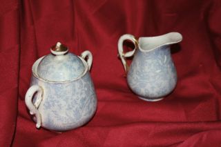 Antique Three Piece Porcelain Cream And Sugar Set - Early 1900 ' S - Blue/white/gold photo