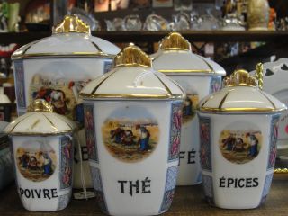 Antique French Canister Set 5 P.  L.  France Victorian Scene Coffee Tea Cafe photo