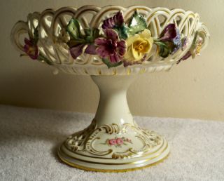 Antique Dresden Compote Bowl Latticework Raised Flowers photo