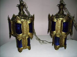 Amazing And Unique Vintage Hanging Lanterns.  Ornate Brass And Blue Glass. photo