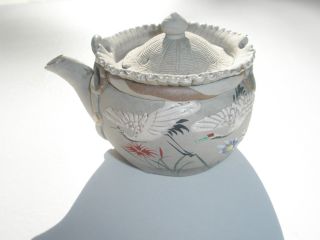 Antique Childs Doll Clay Pottery Teapot Oriental Bird Egrets Floral Motif photo