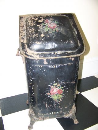 Antique Coal Bucket,  Toleware Primitive Coal Bin photo