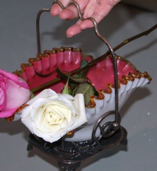 Victorian Bride Basket Cranberry Amber Trim & Meriden Silverplate photo