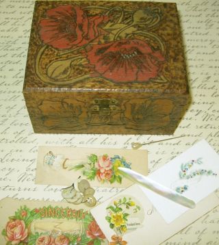 Old Pyrography Sm.  Wood Box - Red Poppies W/contents Old Cards,  Mop Nail Tool - Etc. photo