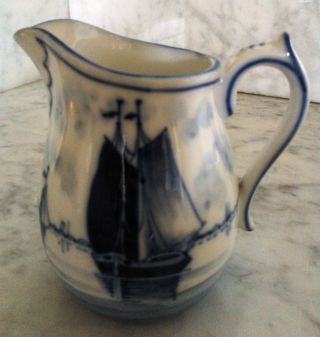 Antique Victorian Creamer Flow Blue Ships Porcelain photo