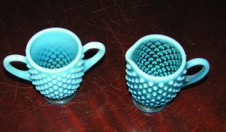 Vintage Hobnail Blue To White Glass Sugar And Creamer, photo