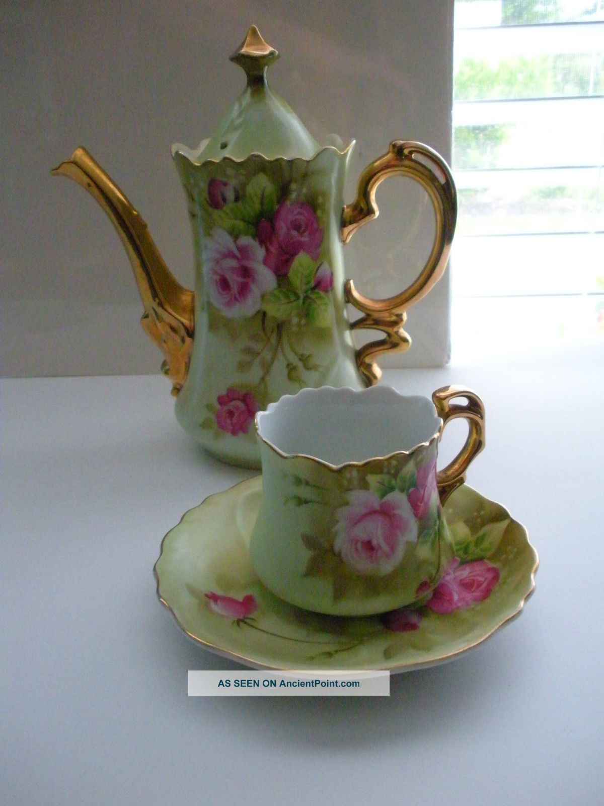 Pot, Tea tea Cup Lefton Painted China values Green Heritage cup vintage   & Hand  Saucer Vintage