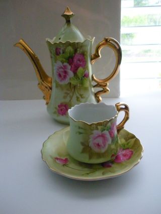 Lefton China Vintage Tea Pot,  Cup & Saucer Hand Painted Green Heritage Japan photo