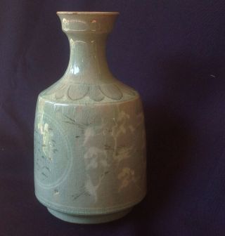 Celadon Vase Korean 1900 ' S Craquelare Glaze Cranes Crane Porcelain photo