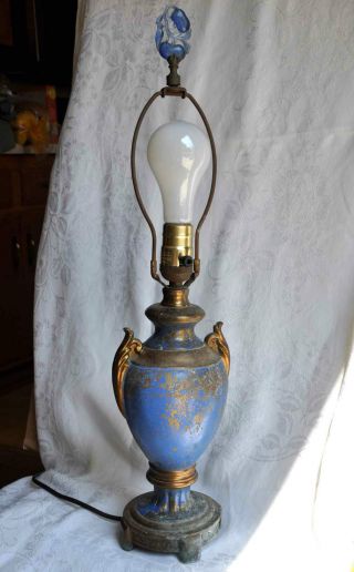 Antique Cast Metal Table Lamp Patina Blue Paint W Finial Cutout Brass Old Ornate photo