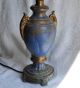 Antique Cast Metal Table Lamp Patina Blue Paint W Finial Cutout Brass Old Ornate Lamps photo 1