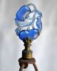 Antique Cast Metal Table Lamp Patina Blue Paint W Finial Cutout Brass Old Ornate Lamps photo 2
