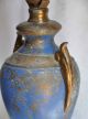 Antique Cast Metal Table Lamp Patina Blue Paint W Finial Cutout Brass Old Ornate Lamps photo 4