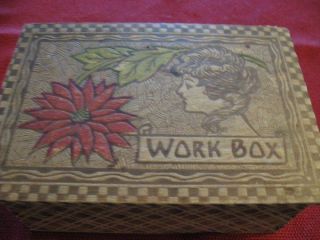 Vintage Ptrographic Wood Burned Work Box,  With Removable Shelf photo