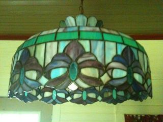Tiffany Style Slag Leaded Glass Hanging Lamp Lavender Fleur De Lis 12 