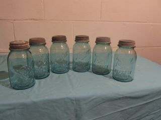 6 Old Ball Perfect Mason Blue Glass Fruit Qt Canning Jars W Zinc Lids photo