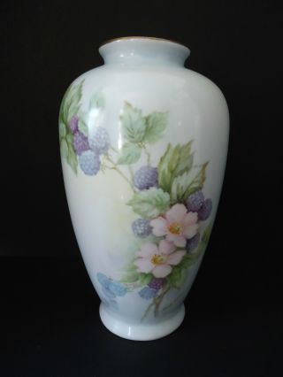 Handpainted Porcelain Vase,  Signed,  Raspberry & Cherry Blossoms Nr photo