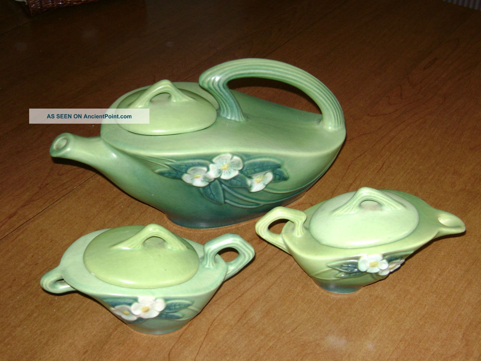 Roseville Pottery Tea Set In Green Mock Orange Design Teapots & Tea Sets photo