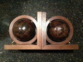 Vintage Mid - Century Wood Globe Bookends From Italy Spinning Globes photo