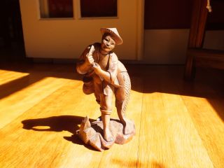 Vintage Hand Carved Wood Asian Fisherman Figure - Chinese? Or Japanese? Boxwood? photo
