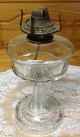 Antique Pressed Footed Glass Hurricane Oil Lamp Miller Co.  Victor Prong Burner Lamps photo 4