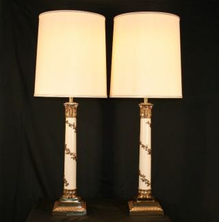 Pair Vtg Stiffel Neoclassical Style Reeded Column Ivy Wrapped Brass Table Lamps photo
